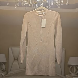Aya Muse Merino Wool- Cashmere, Silk Taupe Long Sleeve Dress with Front Zipper L